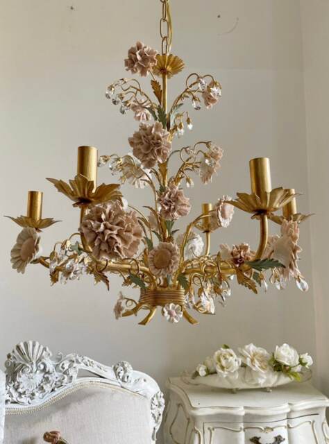 Gold Leaf 6 Lights Chandelier With Crystals & Porcelain Sunflowers - image 1