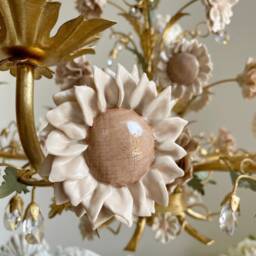 Gold Leaf 6 Lights Chandelier With Crystals & Porcelain Sunflowers - thumbnail 2