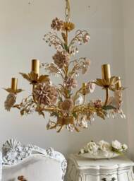 Gold Leaf 6 Lights Chandelier With Crystals & Porcelain Sunflowers