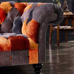 Unique British Handmade 3 Seater Copper Orange & Grey Velvet Fabric Patchwork Chesterfield Sofa - thumbnail 2