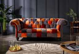 Unique British Handmade 3 Seater Copper Orange & Grey Velvet Fabric Patchwork Chesterfield Sofa - thumbnail 1