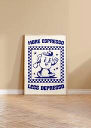 More Espresso Less Depresso Retro Wall Art Print - Character Poster, Kitchen Print, Fun Cofffee, Humour, Caffeine, Checkerboard - thumbnail 1