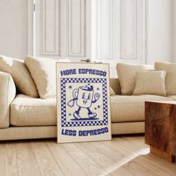 More Espresso Less Depresso Retro Wall Art Print - Character Poster, Kitchen Print, Fun Cofffee, Humour, Caffeine, Checkerboard - thumbnail 3