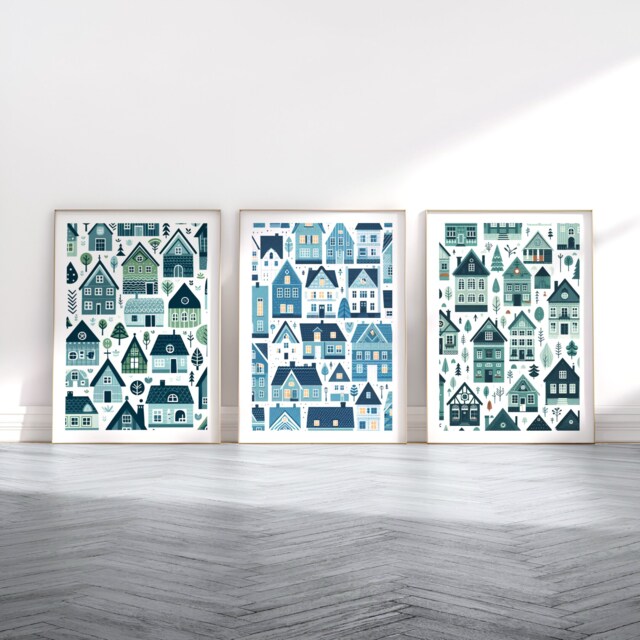 Scandi Houses Art Set - 3 Scandinavian Style Posters - Retro Artwork Scandanavian Design Turquoise House Decor Nordic Home Wall Print - image 1