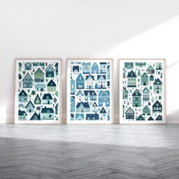 Scandi Houses Art Set - 3 Scandinavian Style Posters - Retro Artwork Scandanavian Design Turquoise House Decor Nordic Home Wall Print - thumbnail 1