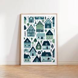 Scandi Houses Art Set - 3 Scandinavian Style Posters - Retro Artwork Scandanavian Design Turquoise House Decor Nordic Home Wall Print - thumbnail 2