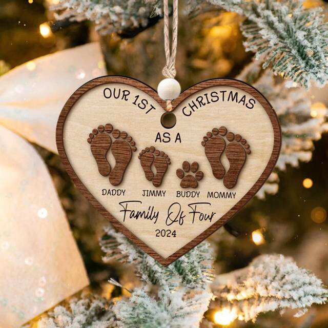 Custom Family Members Ornament, Our First Christmas As A Of Four, Baby's First Footprints 2-Layer Wooden Ornament - image 1