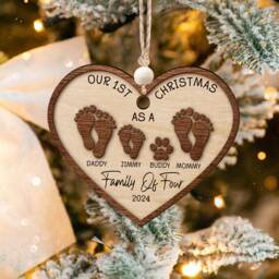 Custom Family Members Ornament, Our First Christmas As A Of Four, Baby's First Footprints 2-Layer Wooden Ornament - thumbnail 1
