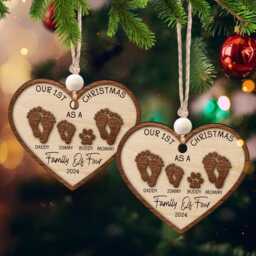 Custom Family Members Ornament, Our First Christmas As A Of Four, Baby's First Footprints 2-Layer Wooden Ornament - thumbnail 3