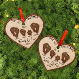 Custom Family Members Ornament, Our First Christmas As A Of Four, Baby's First Footprints 2-Layer Wooden Ornament - thumbnail 2