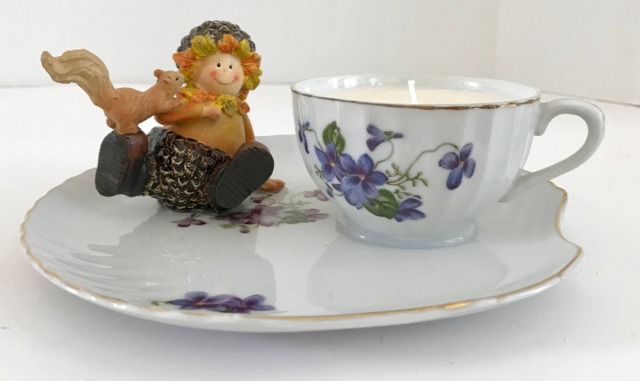 Lavender Scented 100% Natural Soy Candle in A Porcelain Teacup & Snack Tray With Purple Violets & Acorn Boy - image 1