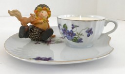 Lavender Scented 100% Natural Soy Candle in A Porcelain Teacup & Snack Tray With Purple Violets & Acorn Boy