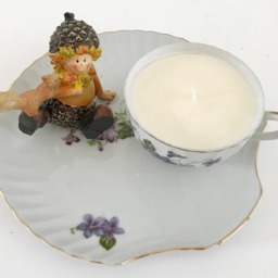 Lavender Scented 100% Natural Soy Candle in A Porcelain Teacup & Snack Tray With Purple Violets & Acorn Boy - thumbnail 4
