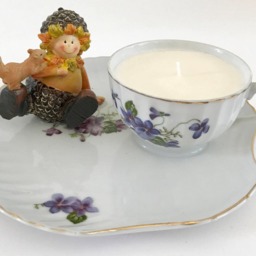 Lavender Scented 100% Natural Soy Candle in A Porcelain Teacup & Snack Tray With Purple Violets & Acorn Boy - thumbnail 2