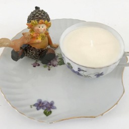 Lavender Scented 100% Natural Soy Candle in A Porcelain Teacup & Snack Tray With Purple Violets & Acorn Boy - thumbnail 3