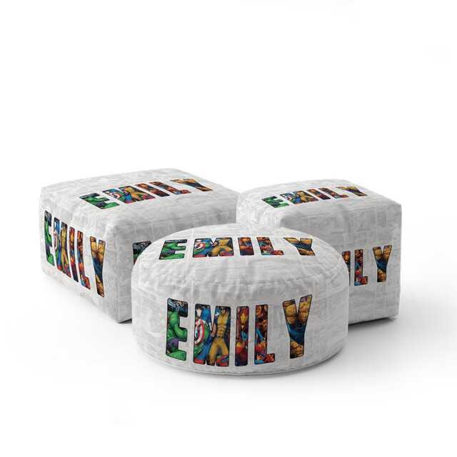 Personalised Superhero Name Kids Novelty Ottoman Filled Pouffe Footrest Foot Stool Inc Washable Cover Zipped Closure Pet His Her Gift - image 1