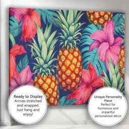 Vibrant Tropical Pineapple Hibiscus Repeat Pattern Canvas Wall Art Print Decor Picture Ready To Hang - thumbnail 3