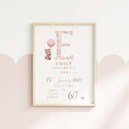 Baby Girl Personalised Print Birth Details Keepsake Gift, Newborn Girls Nursery Decor, Bear - thumbnail 2