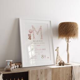 Baby Girl Personalised Print Birth Details Keepsake Gift, Newborn Girls Nursery Decor, Bear - thumbnail 3
