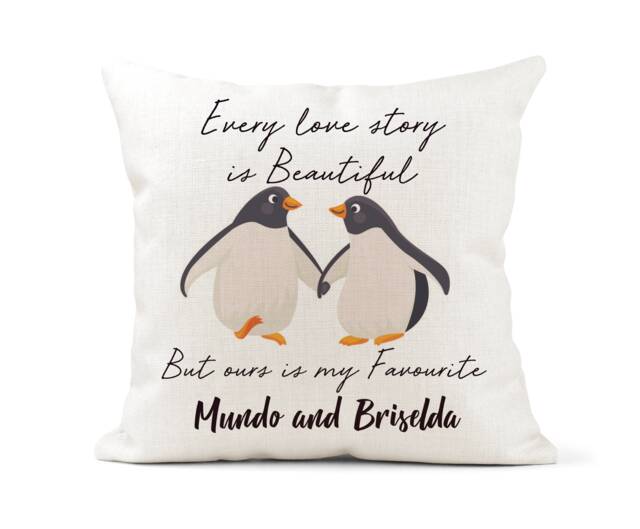 Personalised Penguin Couple Cream Canvas Cushion, Scatter Wedding, Engagement Gift, Unique Keepsake, Love Story - image 1