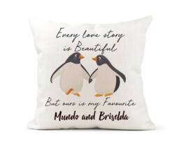 Personalised Penguin Couple Cream Canvas Cushion, Scatter Wedding, Engagement Gift, Unique Keepsake, Love Story - thumbnail 1
