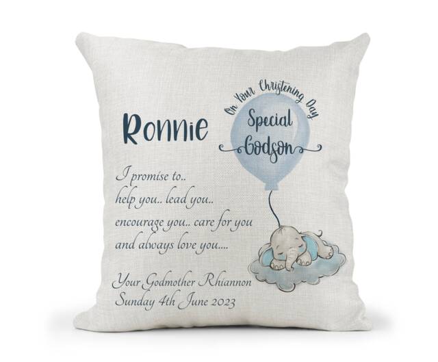Personalised Godson Elephant Cream Cushion. Boys Christening Gift, Keepsake Gift, Bedroom Decor Gift - image 1