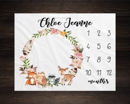 Woodland Milestone Blanket Monthly Growth Tracker Soft Fleece Fox Baby Shower Gift Newborn Watch Me Grow Girl - thumbnail 1
