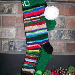 Hand Knit Christmas Stocking Santa's Works Personalized Dad Multi Color Rag Fir Tree Detail - thumbnail 2