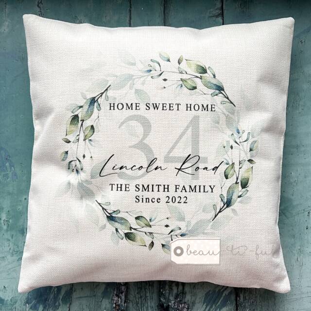 Personalised Home Sweet Address Quote Foliage Greenery Design Linen Style Cushion Cover