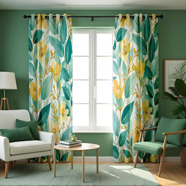 Green Botanical Curtains, Tropical Leaf Print Drapes With Yellow Floral Accents, Custom Made Eyelet Or Rod Pocket Panel, Fresh Window Decor - image 1