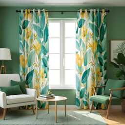 Green Botanical Curtains, Tropical Leaf Print Drapes With Yellow Floral Accents, Custom Made Eyelet Or Rod Pocket Panel, Fresh Window Decor - thumbnail 1