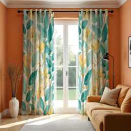 Green Botanical Curtains, Tropical Leaf Print Drapes With Yellow Floral Accents, Custom Made Eyelet Or Rod Pocket Panel, Fresh Window Decor - thumbnail 3