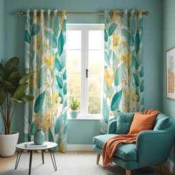 Green Botanical Curtains, Tropical Leaf Print Drapes With Yellow Floral Accents, Custom Made Eyelet Or Rod Pocket Panel, Fresh Window Decor - thumbnail 2