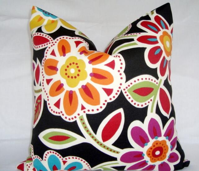 Floral Print Pillow Cover, Black, Red, & Yellow, 18x18 Indoor/Outdoor - image 1