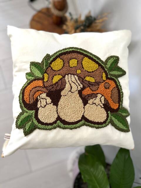 Tufted Mushroom Pillow Cover Embroidered Cotton Linen Throw - image 1