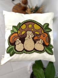 Tufted Mushroom Pillow Cover Embroidered Cotton Linen Throw - thumbnail 1