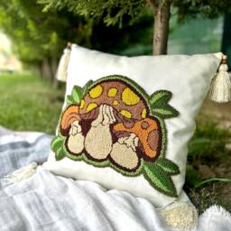 Tufted Mushroom Pillow Cover Embroidered Cotton Linen Throw - thumbnail 3