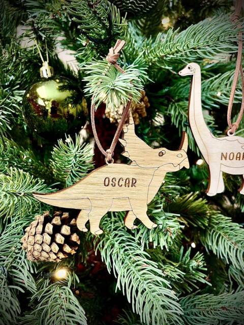 Christmas Personalised Triceratops Dinosaur Bauble - Wooden Tree Decoration Kids Xmas - image 1