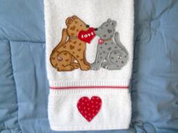 Appliqued Valentine Hand Towel Puppy Love Kitchen Decor - thumbnail 1