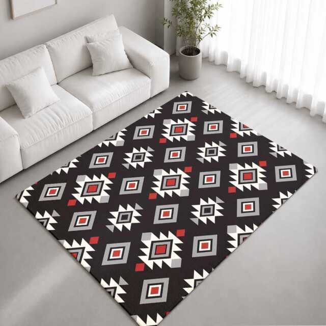 Black Red Grey Geometric Tribal Pattern Rug Non-Slip Soft Area Carpet Bedroom Living Room Hallway Mat Decor - Made in UK - image 1