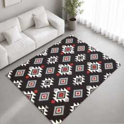 Black Red Grey Geometric Tribal Pattern Rug Non-Slip Soft Area Carpet Bedroom Living Room Hallway Mat Decor - Made in UK - thumbnail 1