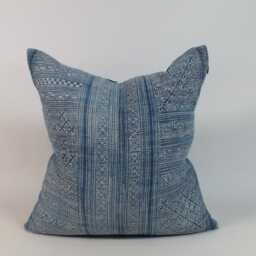 Indigo Batik Pillow Cover, Vintage Hmong Fabric, Hand-Painted - 20x20 Sofa Cushions Throw Pillows - thumbnail 2