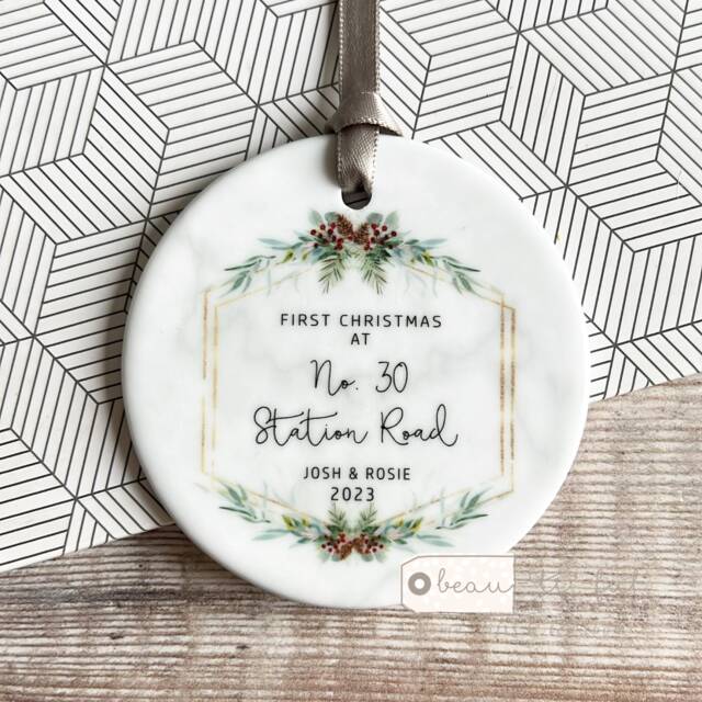 Personalised First Christmas At Address New Home Gift Eucalyptus Pinecone Greenery Ceramic Or Acrylic Round Ornament Keepsake Decoration