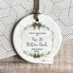 Personalised First Christmas At Address New Home Gift Eucalyptus Pinecone Greenery Ceramic Or Acrylic Round Ornament Keepsake Decoration