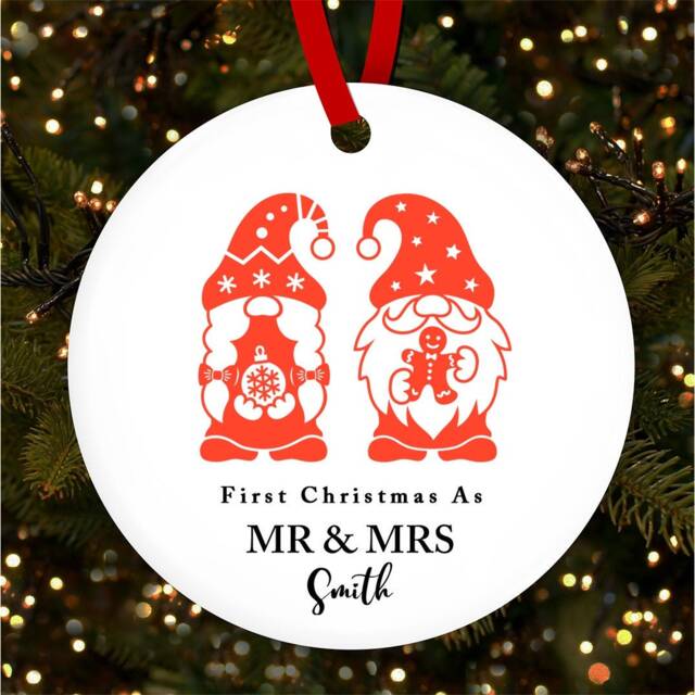 First As Mr & Mrs Cute Gnomes Personalised Christmas Tree Ornament Decoration