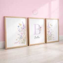 Girls Wildflower Nursery Prints - Personalised Purple Botanical Set, Floral Girl Bedroom Wall Art