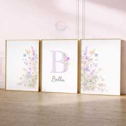 Girls Wildflower Nursery Prints - Personalised Purple Botanical Set, Floral Girl Bedroom Wall Art - thumbnail 2