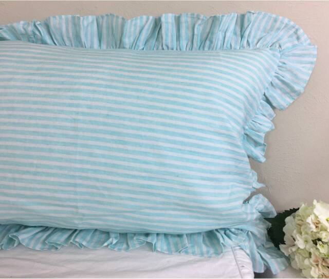 Fresh Green & White Striped Linen Sham Cover With Ruffles, Euro Sham Pillowcase, All Sizes Or Custom Size - image 1