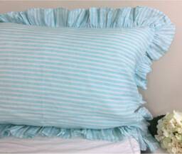 Fresh Green & White Striped Linen Sham Cover With Ruffles, Euro Sham Pillowcase, All Sizes Or Custom Size - thumbnail 1