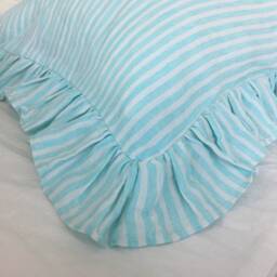 Fresh Green & White Striped Linen Sham Cover With Ruffles, Euro Sham Pillowcase, All Sizes Or Custom Size - thumbnail 3